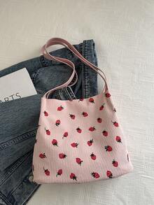 极简时尚水桶包，轻巧复古，面料草莓印花，双手柄单肩包。适合女士日常生活休闲、通勤和学生使用 - 粉色 - 查看 4