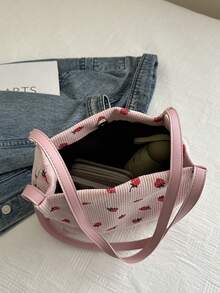 极简时尚水桶包，轻巧复古，面料草莓印花，双手柄单肩包。适合女士日常生活休闲、通勤和学生使用 - 粉色 - 查看 6