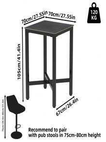 Square Kitchen Bar Table Counter Breakfast Dining Table Black Coffee Table Metal Legs With Footrest For Kitchen Dining Room Patio - Black - View 7