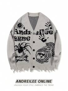 ANDREILEE 男士高级街头风开衫，做旧长袖纽扣休闲毛衣 - 灰色 - 查看 1