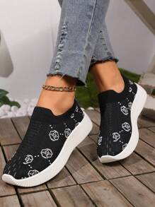 Plus Size Women's Casual New Knitted Slip-On Comfortable Printed Design Elastic Band Casual Sports Shoes