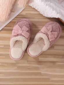 1双女士冬季可爱蝴蝶结拖鞋厚底防滑情侣家居拖鞋加厚产后拖鞋 - 粉色 - 查看 2