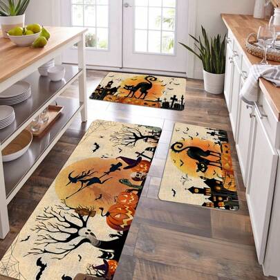 1pc Thickened 0.47 Inch/1.2cm Halloween Kitchen Mats, Moon Background Pumpkin Pattern Kitchen Mat, Perfect For Halloween, Day Of The Dead & Easter Decor, Non-Slip, For Bedroom, Living Room, Laundry, And Bathroom ﻿ Halloween Party