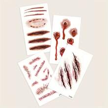 4 件装万圣节恐怖伤口假纹身贴纸，超逼真疤痕贴花，恐怖僵尸吸血鬼咬伤缝线贴纸，适用于万圣节 - 多色 - 查看 6