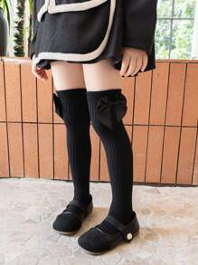 1pair Kids Bow Decor Solid Color Over-The-Knee Long Socks, Girls Spring Summer Thin School Style - Black - View 2