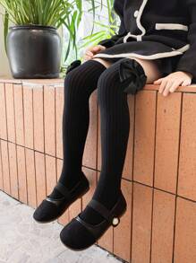 1pair Kids Bow Decor Solid Color Over-The-Knee Long Socks, Girls Spring Summer Thin School Style - Black - View 1