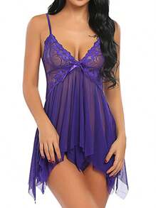 Women Babydoll Lingerie Sexy Lace Boudoir Honeymoon Sleepwear Chemise Teddy V Neck Nightgown Open Front Negligee Lingeries Set Dress - 紫色 - 查看 1