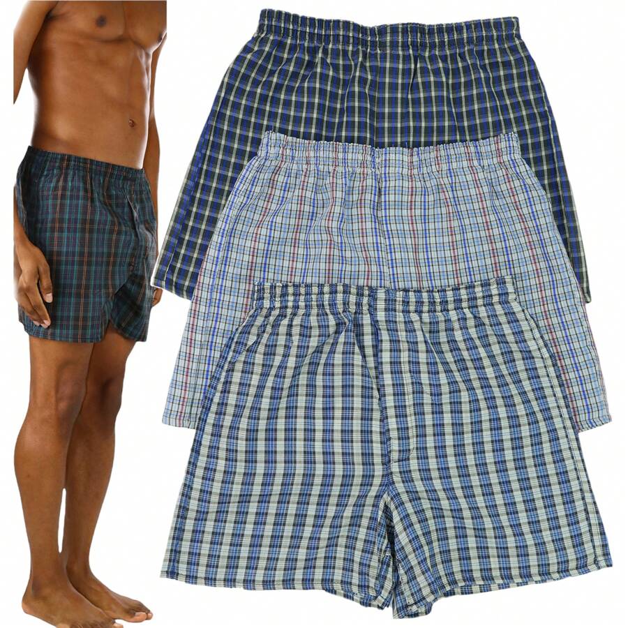 Men's Multi-Pack Of Relaxed Fit Tartan Plaid Classic Boxer Shorts Underwear - 3 件裝基本什錦印花無羈扣門襟 - 查看 1