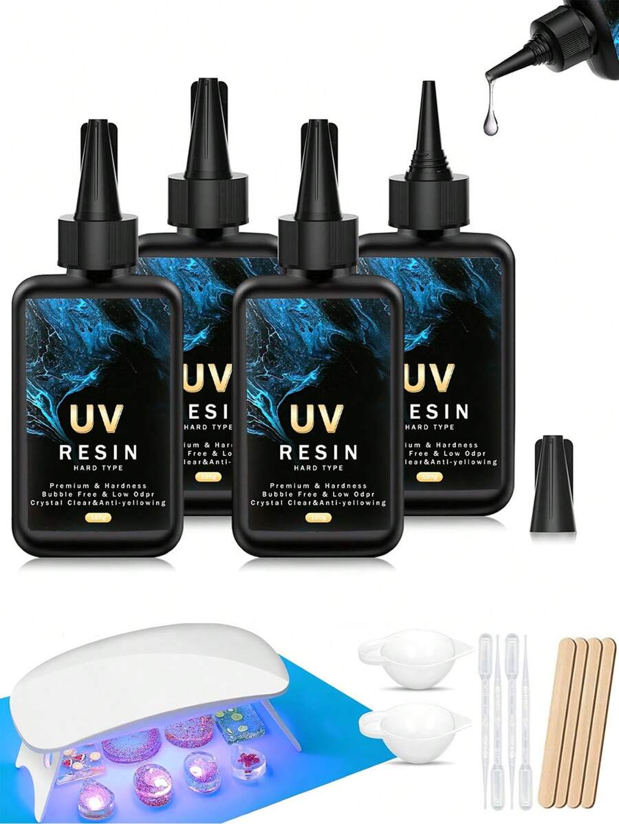 Kit de résine UV 400 g avec lampe Résine époxy durcie aux UV prémélangée, cristal clair et