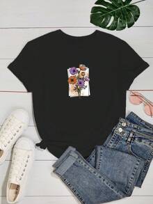 Women's T-Shirt Baby Look T Shirt Printed Flower Frame 100% Cotton - màu đen - Xem 2