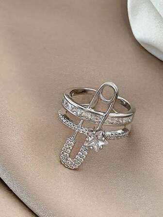 1pc Fashionable Micro-Inlay Cubic Zirconia Star-Shaped Brooch & Open Ring Set