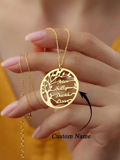 1pc Personalized Tree Of Life Pendant Necklace For Women Custom 1-4 Family Names Round Necklace Stainless Steel Jewelry Silvery Gold Color Choker Family Gifts For Parent,Mother's Day Gifts,Father's Day Gifts,Customized Family Name Jewelry Necklace