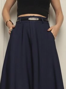 Long Tailored Skirt With Belt Moda Elegancia - Màu xanh hải quân - Xem 5
