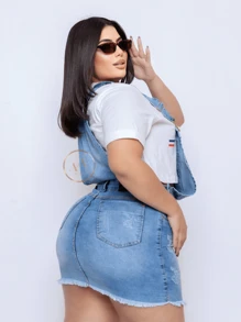 Plus Size Denim Overalls - 淺色水洗藍 - 查看 6