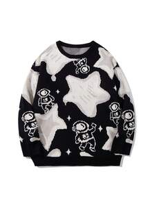 Unisex Casual Star Pattern Knit Sweater, Warm For Spring Autumn Winter - Black - View 1