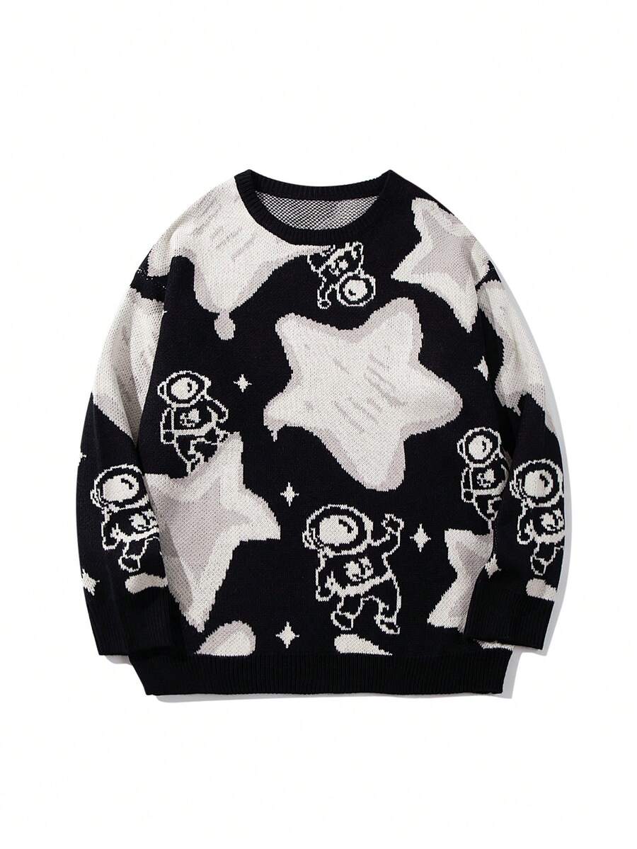 Unisex Casual Star Pattern Knit Sweater, Warm For Spring Autumn Winter - Black - View 1