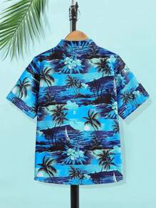Tween Boy Cây Dừa Hawaii Phong Cách Kỳ Nghỉ In Áo Sơ Mi Cổ Bẻ Vừa Vặn Vừa Vặn, Thích Hợp Cho Mùa Xuân, Hạ Và Thu - Màu xanh lam - Xem 2