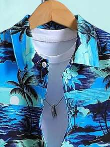 Tween Boy Cây Dừa Hawaii Phong Cách Kỳ Nghỉ In Áo Sơ Mi Cổ Bẻ Vừa Vặn Vừa Vặn, Thích Hợp Cho Mùa Xuân, Hạ Và Thu - Màu xanh lam - Xem 3