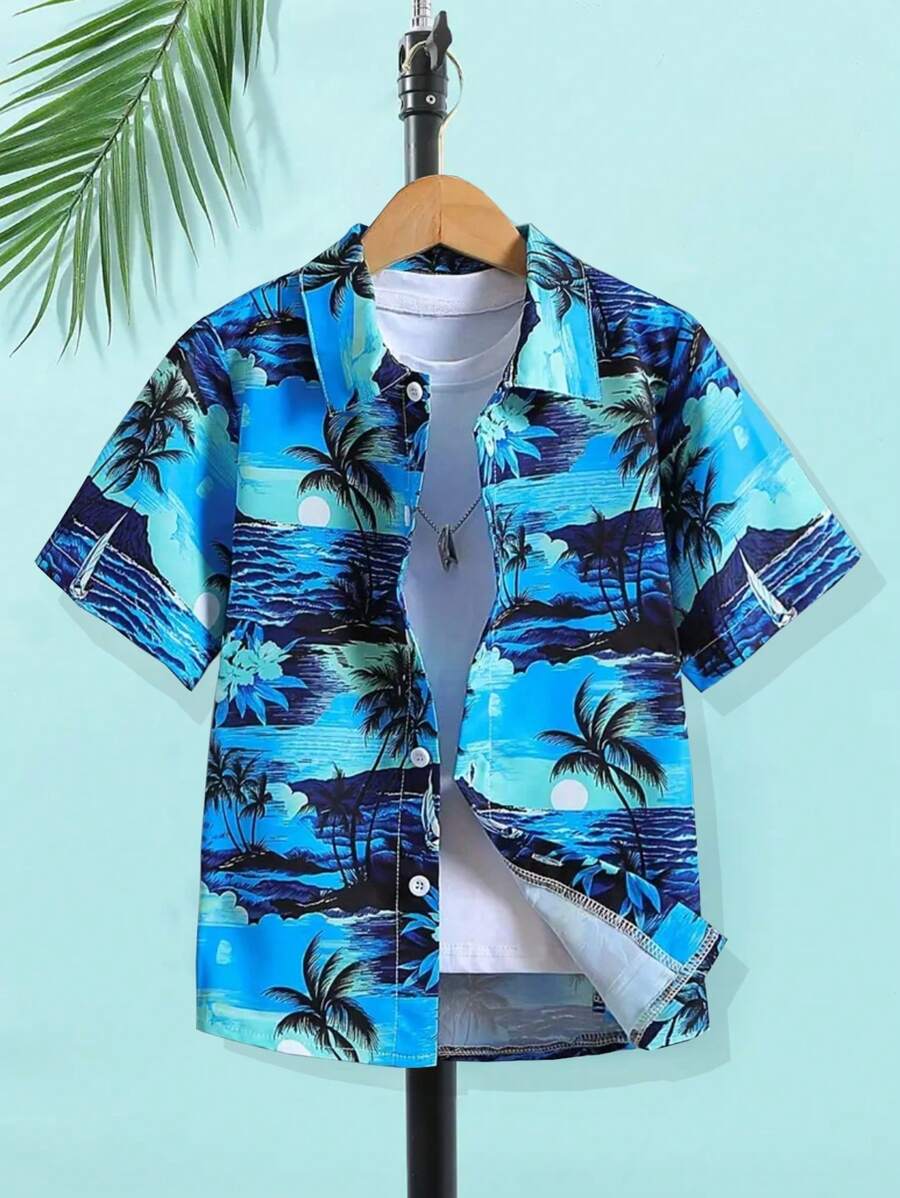 Tween Boy Cây Dừa Hawaii Phong Cách Kỳ Nghỉ In Áo Sơ Mi Cổ Bẻ Vừa Vặn Vừa Vặn, Thích Hợp Cho Mùa Xuân, Hạ Và Thu - Màu xanh lam - Xem 1