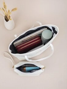 2pcs Quilted Wavy Pattern Large Capacity Tote Bag With Geometric Design, Vintage Style Shoulder Tote Shopping Bag & Coin Purse For Women - White - View 5