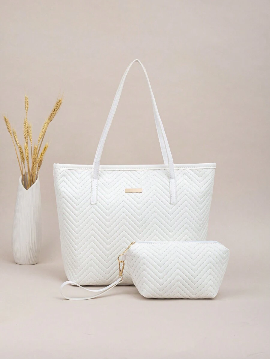2pcs Quilted Wavy Pattern Large Capacity Tote Bag With Geometric Design, Vintage Style Shoulder Tote Shopping Bag & Coin Purse For Women - White - View 1