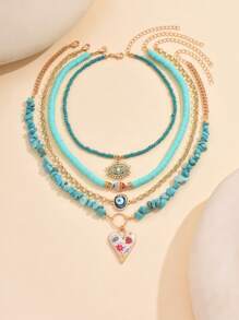 4pcs/Set Turquoise Beaded Necklace With Fashion Pearl, Eye, Fish And Heart Shape Pendant, Suitable For Women Everyday And Travel Wear Valentines - Blue Turquoise + Polymer Clay - View 3