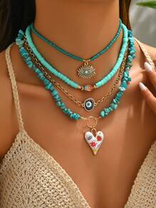 4pcs/Set Turquoise Beaded Necklace With Fashion Pearl, Eye, Fish And Heart Shape Pendant, Suitable For Women Everyday And Travel Wear Valentines - Blue Turquoise + Polymer Clay - View 2
