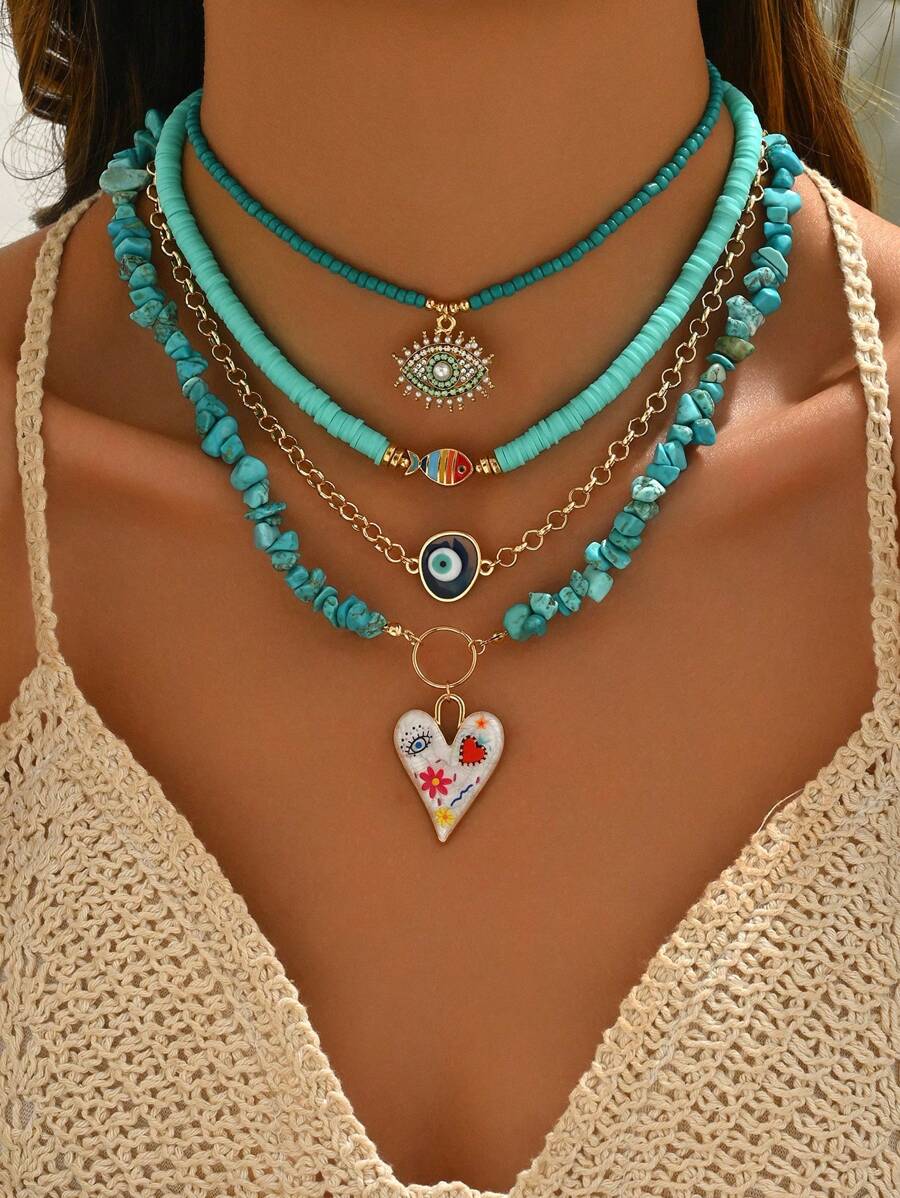 4pcs/Set Turquoise Beaded Necklace With Fashion Pearl, Eye, Fish And Heart Shape Pendant, Suitable For Women Everyday And Travel Wear Valentines - Blue Turquoise + Polymer Clay - View 1
