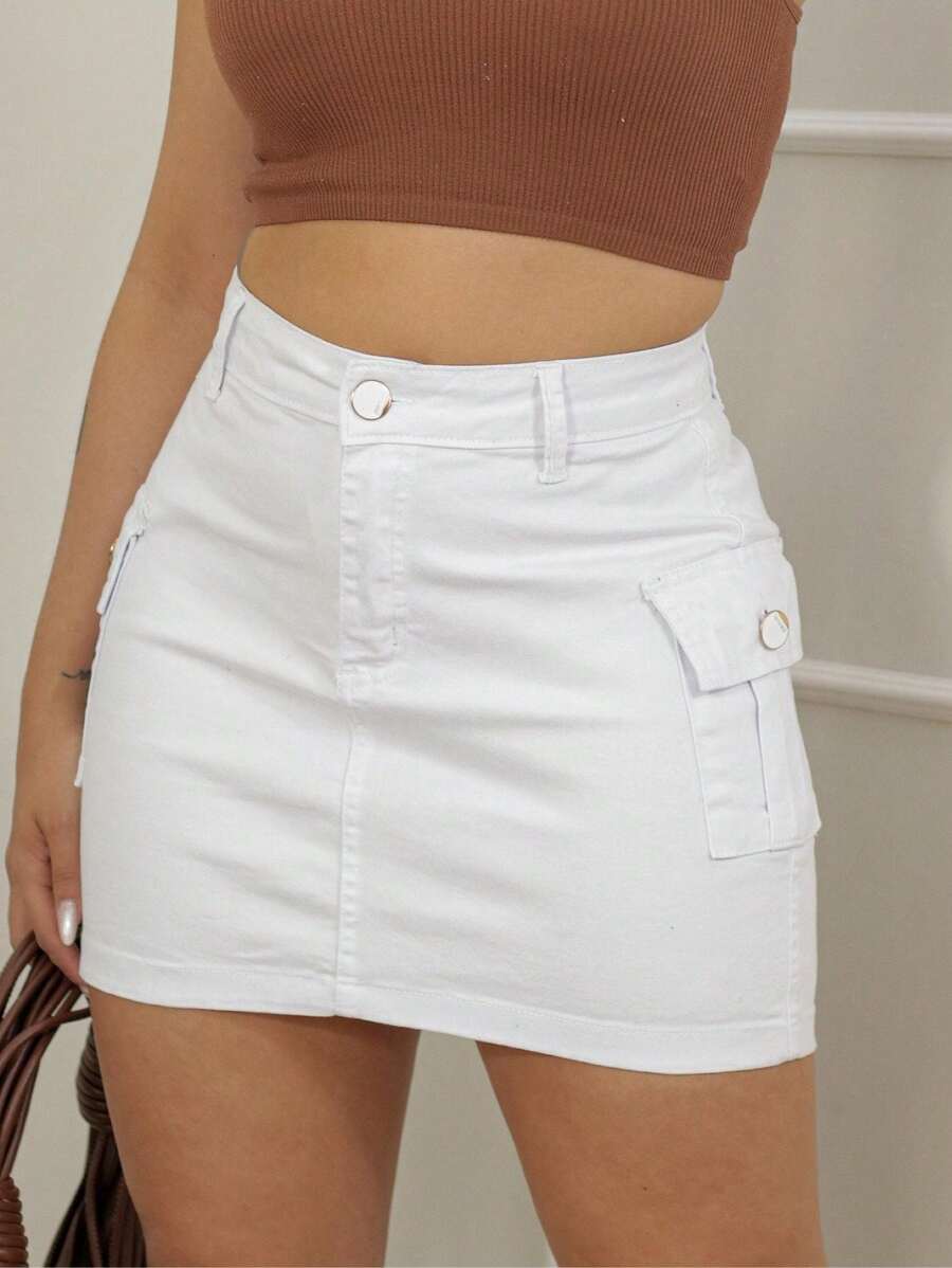 Women's White High Waist Cargo Skirt With Lycra - trắng - Xem 1