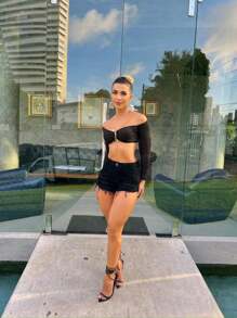 Women's Short Denim Shorts Detonated High Waist Frayed - Negro - Ver 3