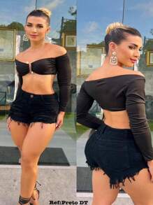 Women's Short Denim Shorts Detonated High Waist Frayed - Negro - Ver 1