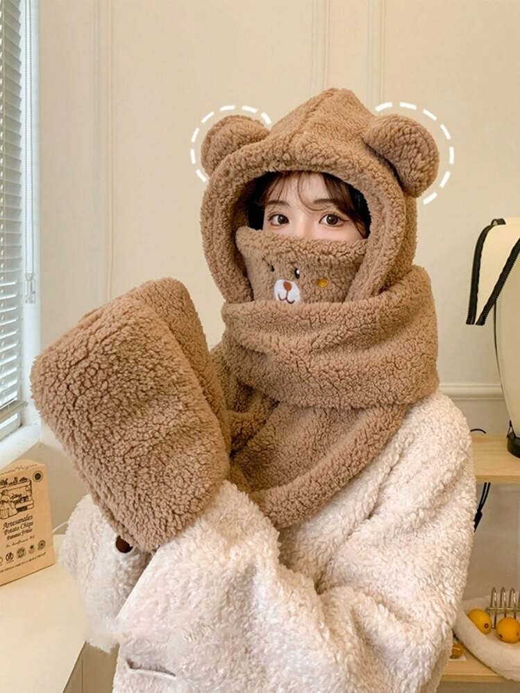 1 件女式 4 合 1 连帽帽围巾口罩手套套装，可爱毛绒针织熊图案 - 多色 - 查看 9