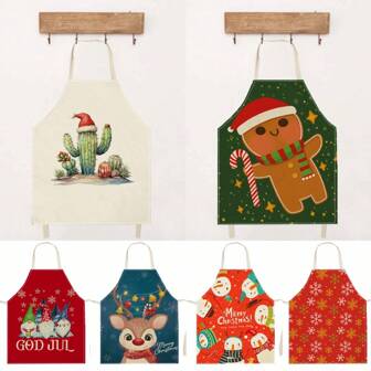 1 pieza Delantal de lino con estampado de cactus navideño, pan de jengibre, God Jul, gnomo, ciervo, muñeco de nieve, copo de nieve, para limpieza del hogar, cocina, uso doméstico