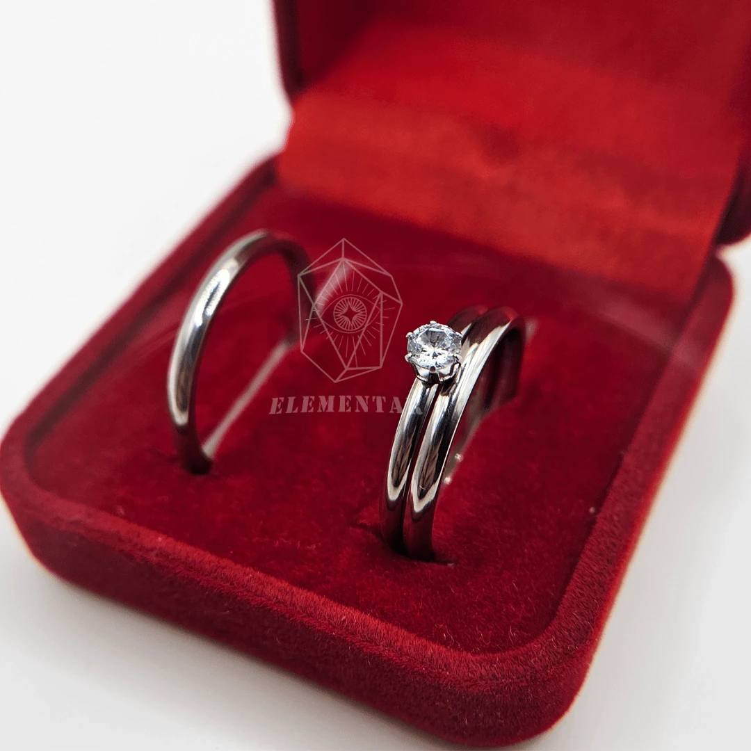 Pair Of Dating Rings Commitment Smooth Rounded Thin 2mm + Solitaire 316L Stainless Steel - Plateado - Ver 1