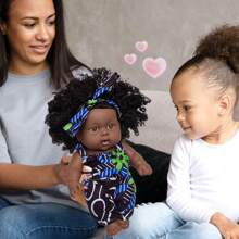 2 件 8 英寸重生娃娃爆炸头黑色娃娃仿真搪胶娃娃 DIY 蓝色衣服发带玩具儿童过家家玩具（2 个娃娃 2 套衣服）圣诞节生日礼物 - 黑色 - 查看 4