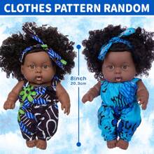 2 件 8 英寸重生娃娃爆炸头黑色娃娃仿真搪胶娃娃 DIY 蓝色衣服发带玩具儿童过家家玩具（2 个娃娃 2 套衣服）圣诞节生日礼物 - 黑色 - 查看 3