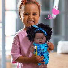 2 件 8 英寸重生娃娃爆炸头黑色娃娃仿真搪胶娃娃 DIY 蓝色衣服发带玩具儿童过家家玩具（2 个娃娃 2 套衣服）圣诞节生日礼物 - 黑色 - 查看 5