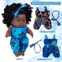 2 件 8 英寸重生娃娃爆炸头黑色娃娃仿真搪胶娃娃 DIY 蓝色衣服发带玩具儿童过家家玩具（2 个娃娃 2 套衣服）圣诞节生日礼物 - 黑色 - 查看 2