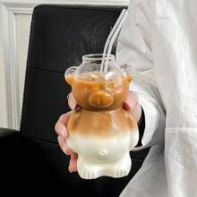 1 pieza Taza de oso pequeño popular del restaurante Ins, taza de vidrio de dibujos animados creativa para jugo de fruta, leche, té - transparente - Ver 8