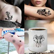 48 Sheets 3D Small Temporary Tattoos For Women Neck Arm Temp Tiny Halloween Tattoo Stickers Men Spider Cross Scorpion Snake Tiger Lion, Flower Ghost Skull Fake Tatoos Acnhor - Black - View 4