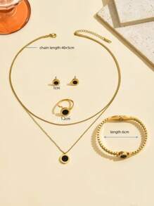 5 piezas Conjunto de joyería de acero inoxidable - Collar de piedra negra romana, pulsera tipo Gran Muralla, anillo abierto de rhinestone, aretes, uso diario para mujeres - Collar romano de concha negra + pulsera + anillo + pendientes - Ver 4