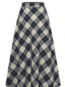 女士格子高腰 A 字形休闲优雅半身裙 - 彩色 - 查看 3