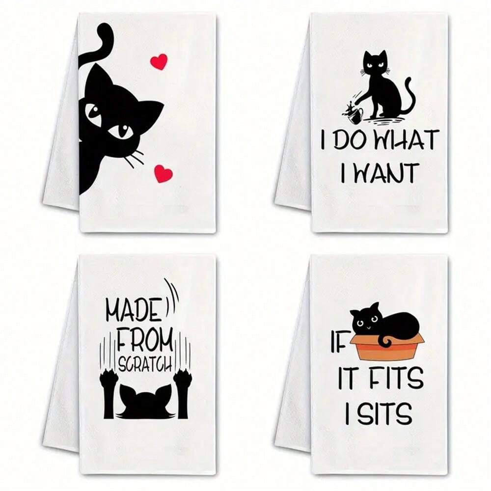4pcs Cat Kitchen Towel,Cat Towel,Cat Dish Towel,Cute Kitchen Hand