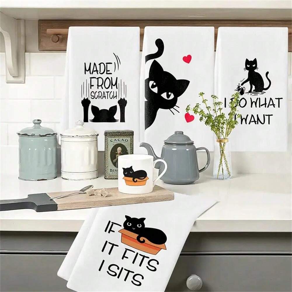 4pcs Cat Kitchen Towel,Cat Towel,Cat Dish Towel,Cute Kitchen Hand