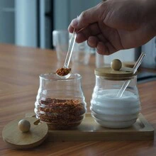 1set Glass Spice Jars With Bamboo Tray And Mini Spoon, High Borosilicate Material Kitchen Storage Canisters - Clear - View 1