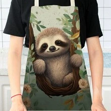 1 件装狗、鹿、浣熊 3D 图案亚麻围裙，适用于厨房、烹饪、家居使用 - 彩色 - 查看 3