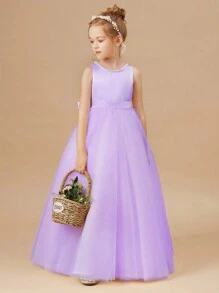 Váy dự tiệc đính cườm 3D thủ công cho bé gái tuổi mới lớn, váy công chúa màu oải hương thích hợp cho tiệc sinh nhật, dạ hội, bé gái rải hoa, phù dâu, khiêu vũ ở trường, tiệc mừng ngày lễ - Màu tím hoa cà - Xem 5