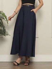 Long Tailored Skirt With Belt Moda Elegancia - Màu xanh hải quân - Xem 2