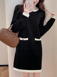 拼色罗纹饰边圆领口袋长袖毛衣连衣裙