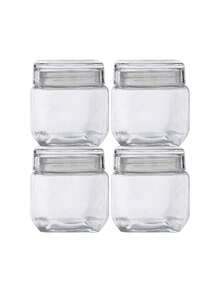 Kit 4 Square Airtight Pot Glass Lid Sophisticated Design Multipurpose Groceries 880ml - Trong sáng - Xem 1